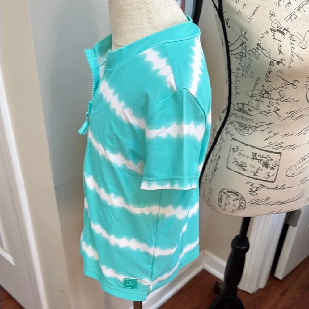 🏊‍♀️ GAP Kids Aqua & White Tie Dye Short Sleeve Zip Up Swim Rashguard XL/12 Girl
